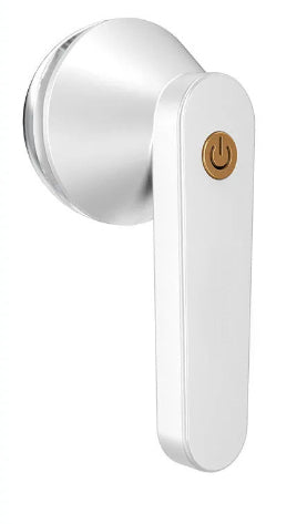 White handheld lint remover with a circular shaving head and a gold power button on the handle, isolated on white.
