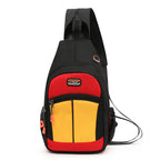 Black, red, and yellow nylon sling backpack with USB port, mesh side pocket, and O-TBOST brand label.