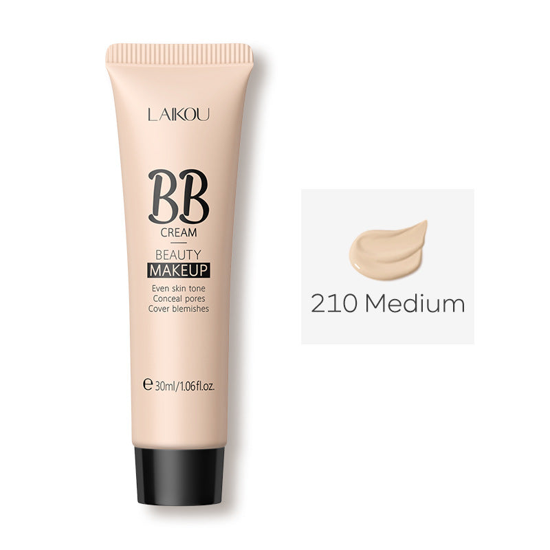 LAIKOU 30ml BB cream tube in 210 Medium shade, featuring beige packaging and a swatch of light-toned liquid makeup.