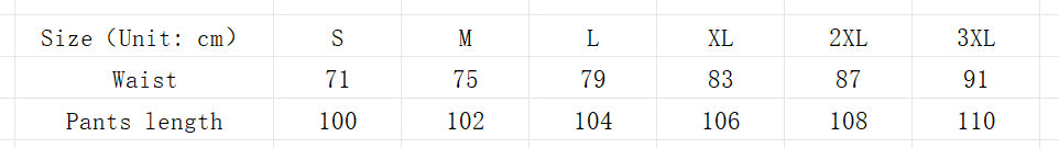 Size chart for jeans, listing waist and length measurements in cm for sizes S through 3XL in a simple table format.