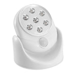 White, circular wireless LED spotlight with 7 bulbs and a built-in motion sensor on a rotating base.