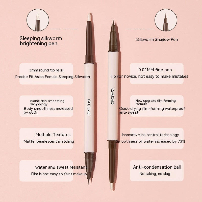 White double-ended makeup pen with brightening and shadow tips. Features a waterproof, smudge-proof formula.