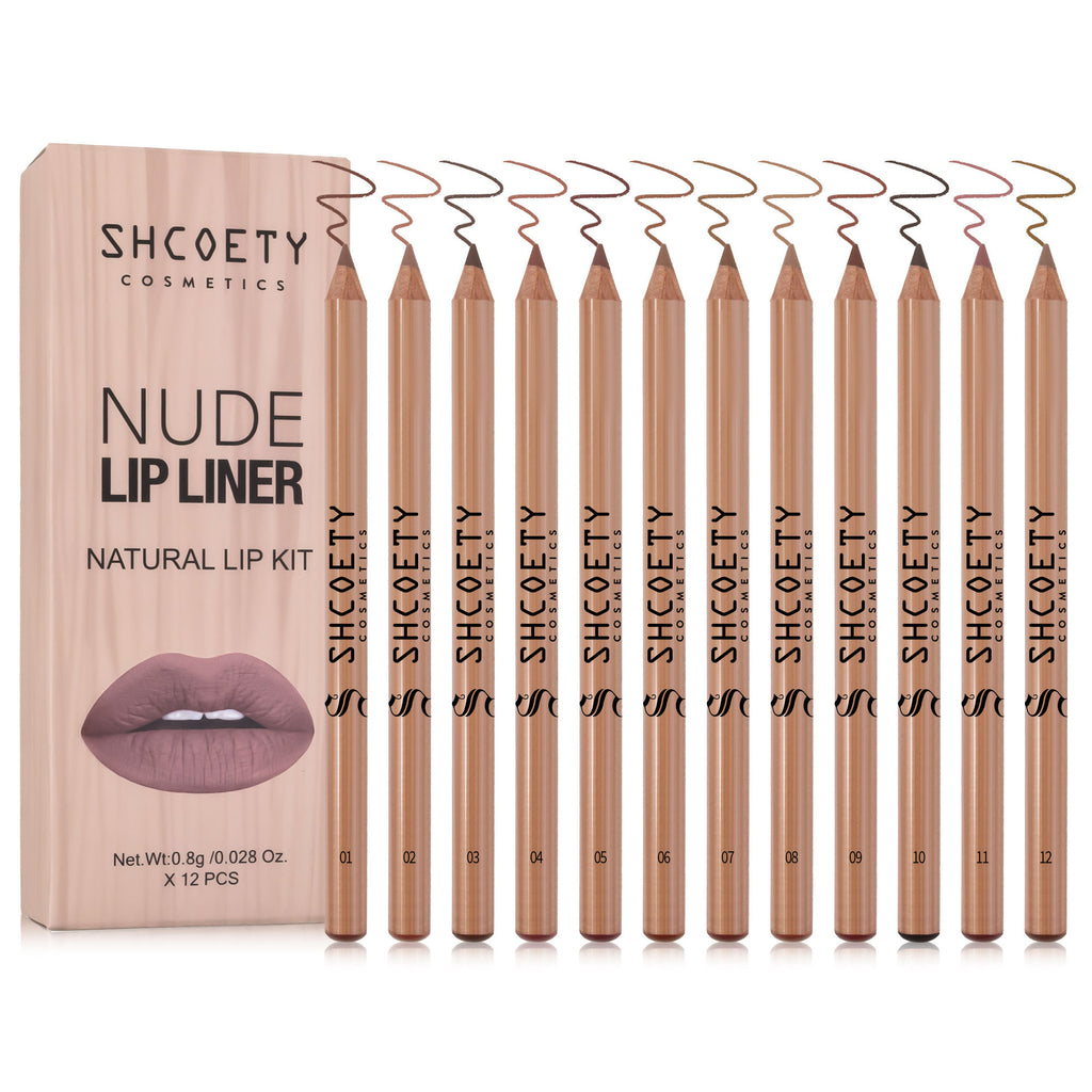 A Shcoety Cosmetics set of 12 numbered wooden nude lip liner pencils with a matching box on a white background.