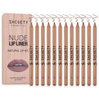 A Shcoety Cosmetics set of 12 numbered wooden nude lip liner pencils with a matching box on a white background.