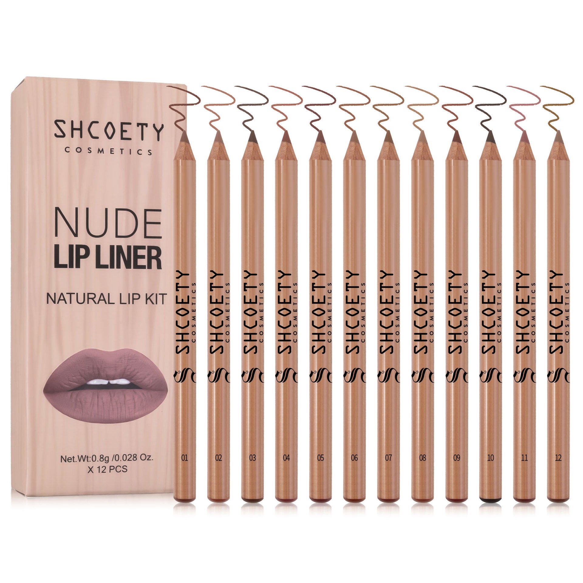 A Shcoety Cosmetics set of 12 numbered wooden nude lip liner pencils with a matching box on a white background.