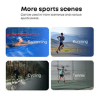 Four photos showing Digitaldistribution375 waterproof headphones used for swimming, running, cycling, and playing tennis.