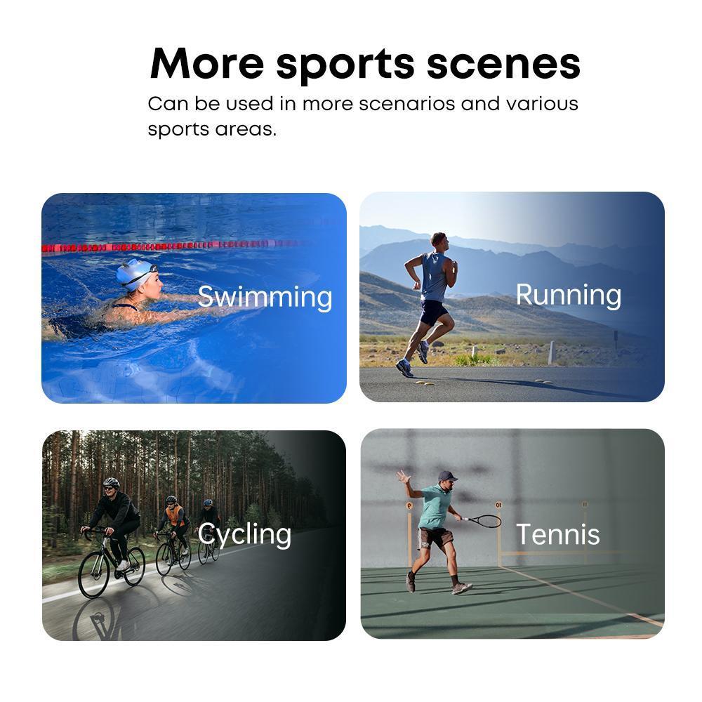 Four photos showing Digitaldistribution375 waterproof headphones used for swimming, running, cycling, and playing tennis.