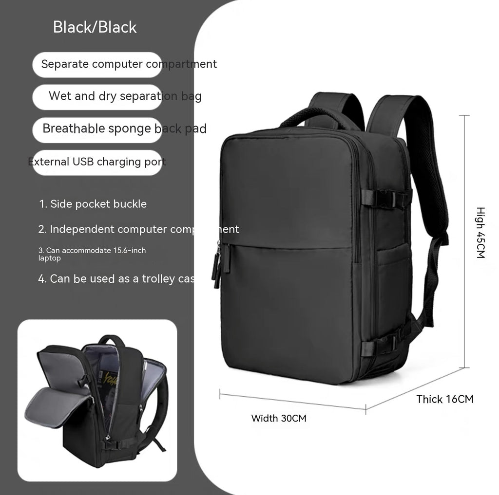 Black waterproof backpack with laptop compartment, USB port, sponge back pad, and side buckles. Size: 45x30x16cm.