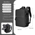 Black waterproof backpack with laptop compartment, USB port, sponge back pad, and side buckles. Size: 45x30x16cm.
