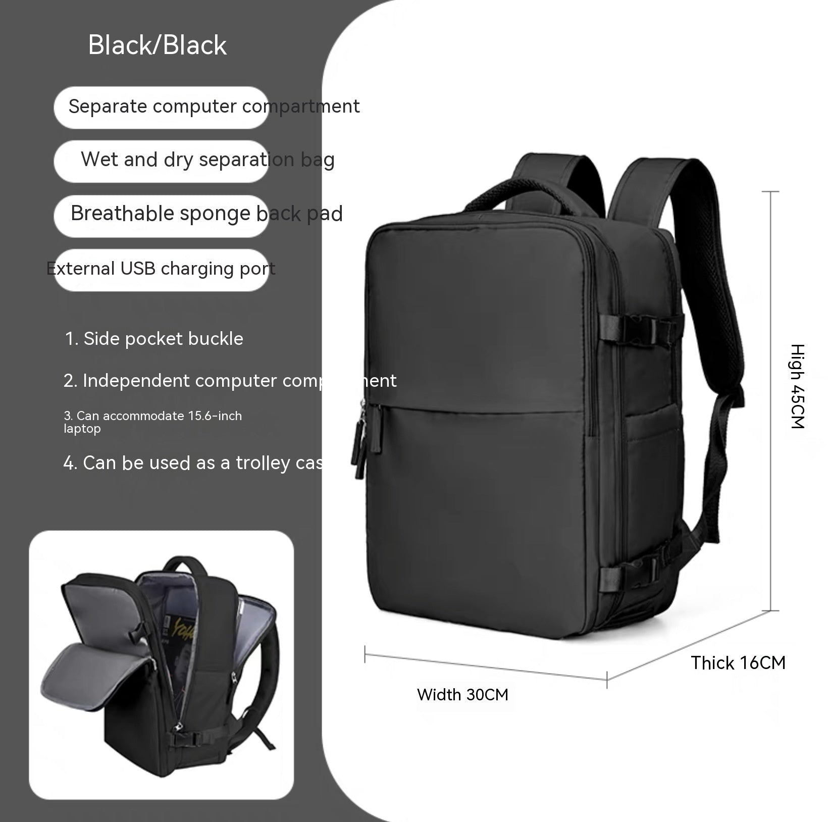 Black waterproof backpack with laptop compartment, USB port, sponge back pad, and side buckles. Size: 45x30x16cm.