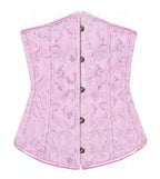 Light pink jacquard corset featuring a delicate swirl pattern, vertical boning, and a center front metal clasp closure.