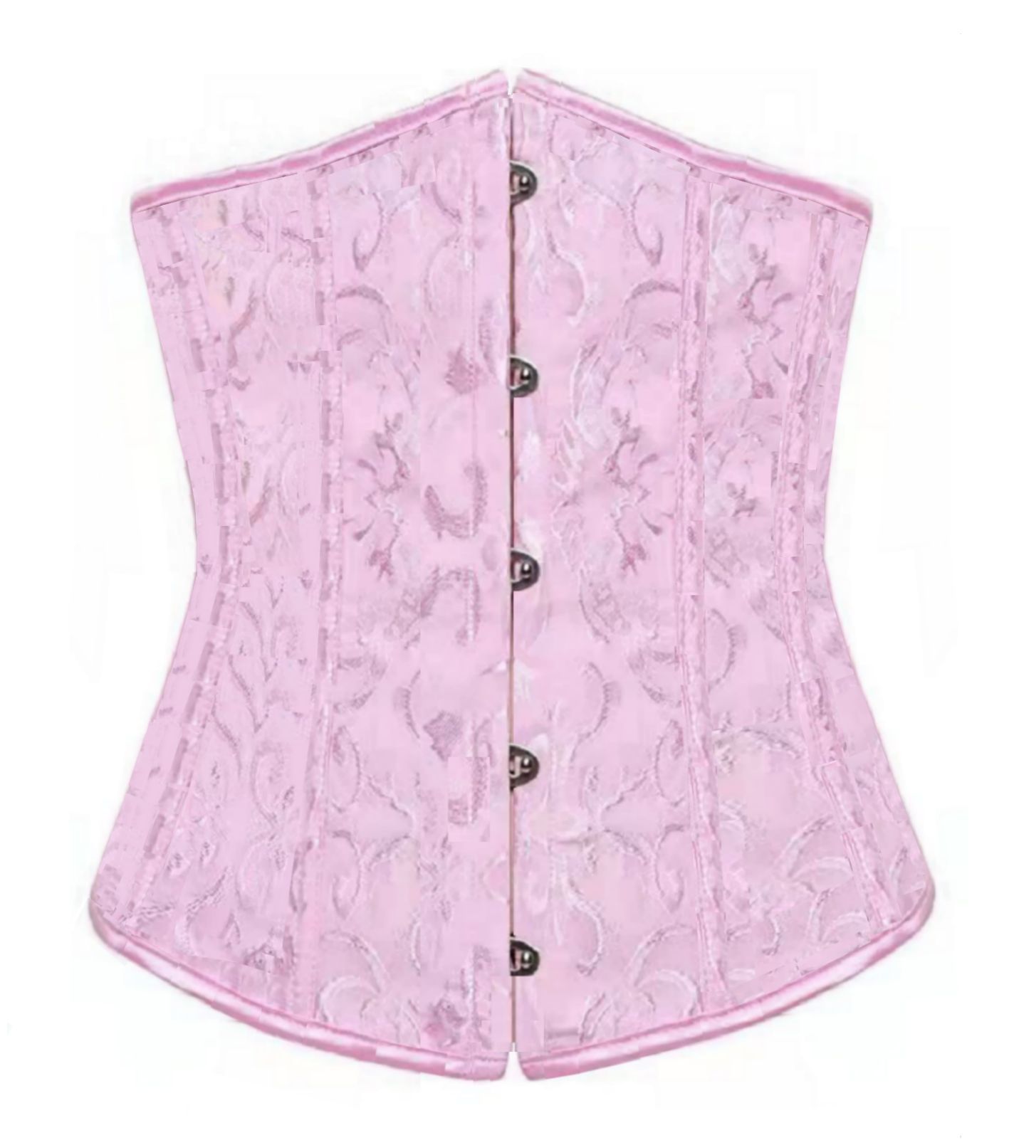 Light pink jacquard corset featuring a delicate swirl pattern, vertical boning, and a center front metal clasp closure.
