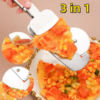 Stainless steel 3-in-1 pizza cutter with rolling blade and server, lifting a slice of corn pizza.