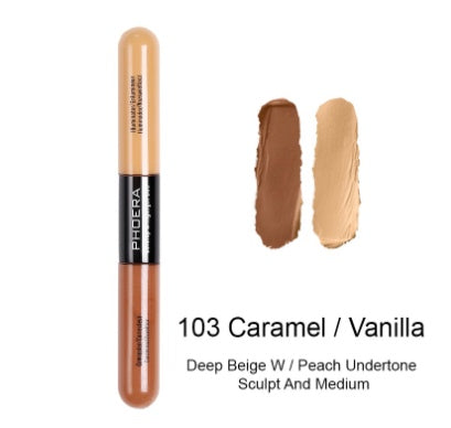Phoera double-ended liquid concealer stick in Caramel/Vanilla shade with two distinct color swatches shown.