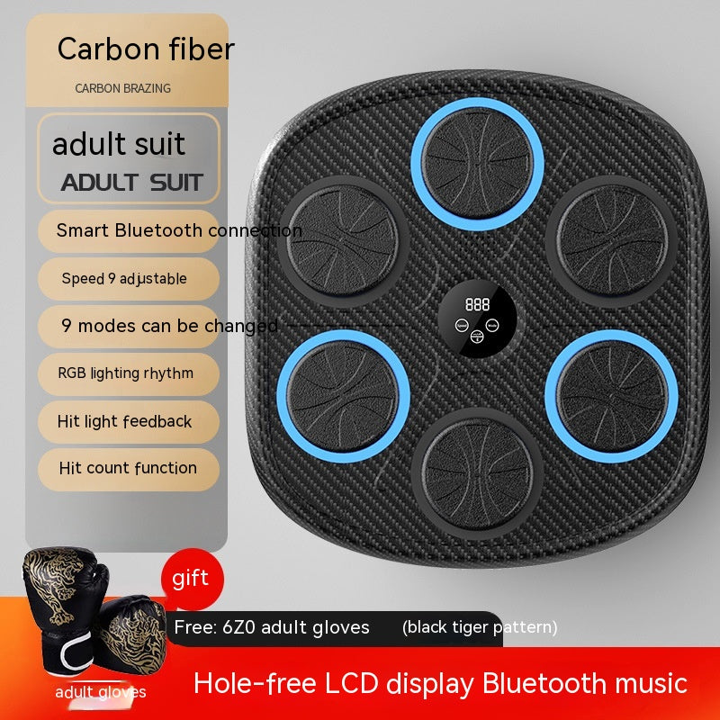Black carbon-fiber wall boxing target with LED light rings, LCD display, Bluetooth, and included tiger-print gloves.