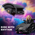 A happy child in a black Lamborghini Sian electric toy car featuring working headlights and dashboard controls.