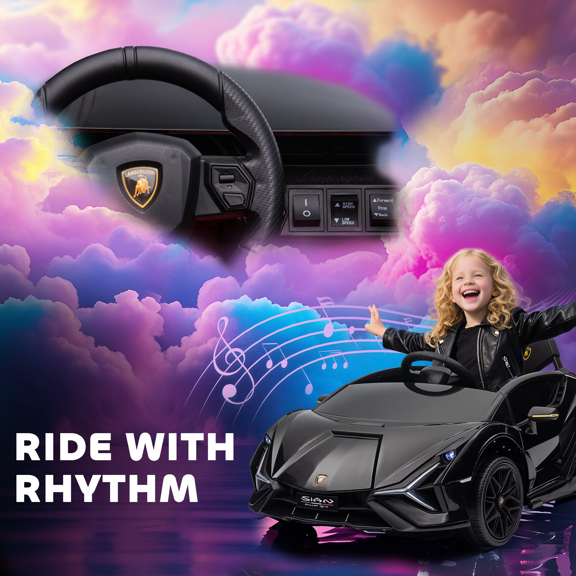 A happy child in a black Lamborghini Sian electric toy car featuring working headlights and dashboard controls.