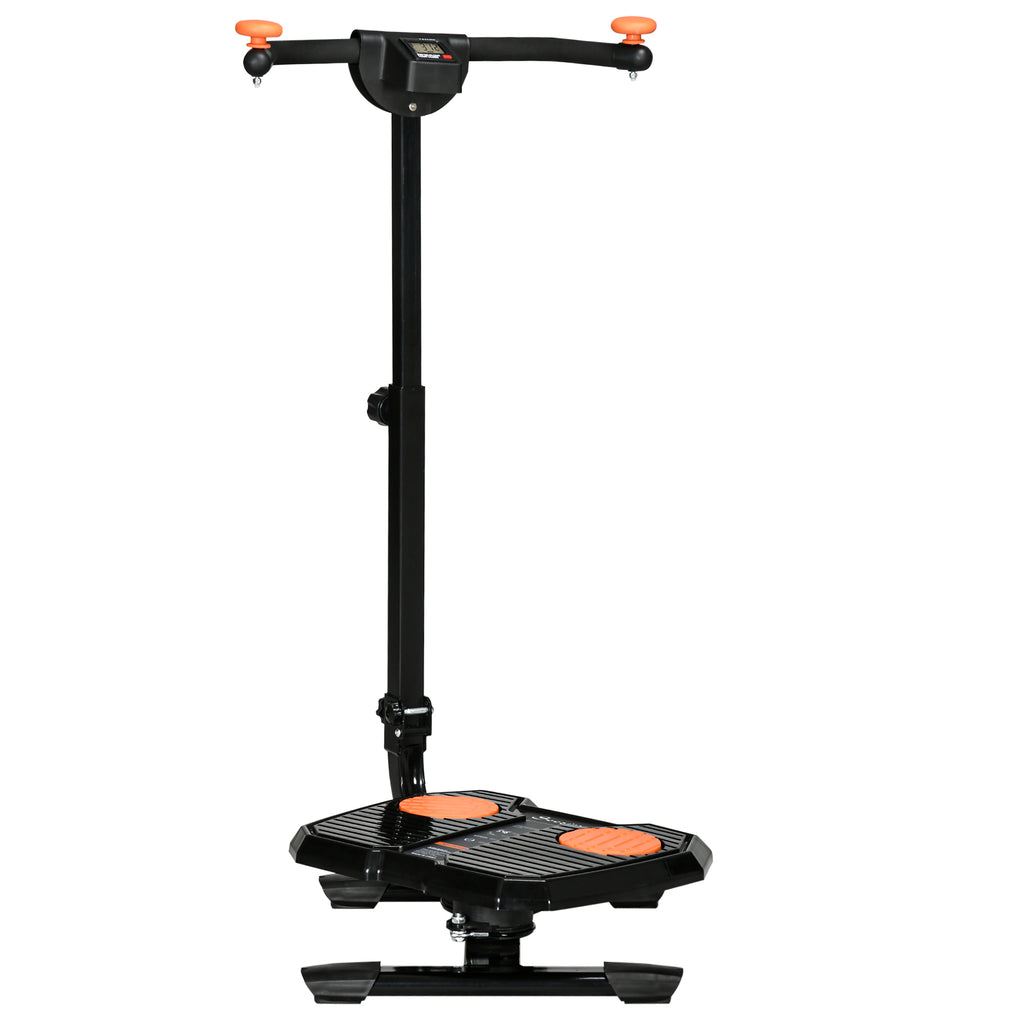 Black and orange foldable ab twister board with handlebars, digital display, and textured foot pads on a white background.