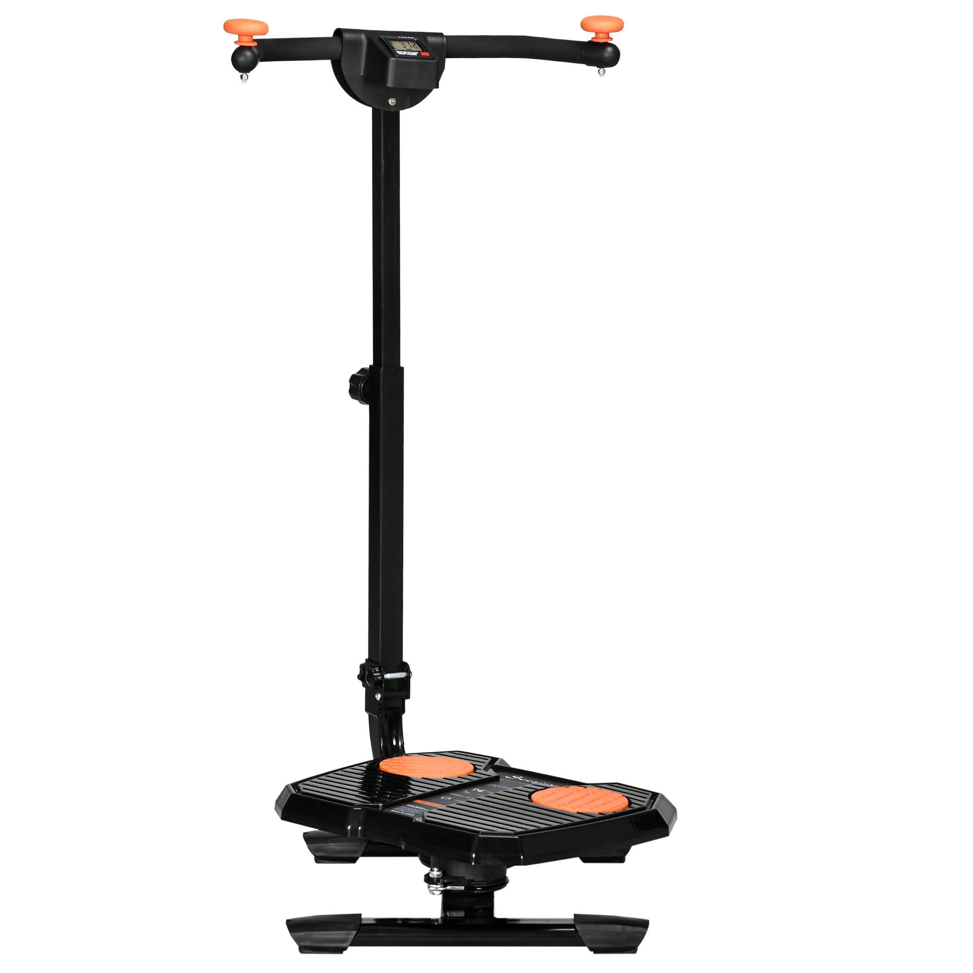 Black and orange foldable ab twister board with handlebars, digital display, and textured foot pads on a white background.