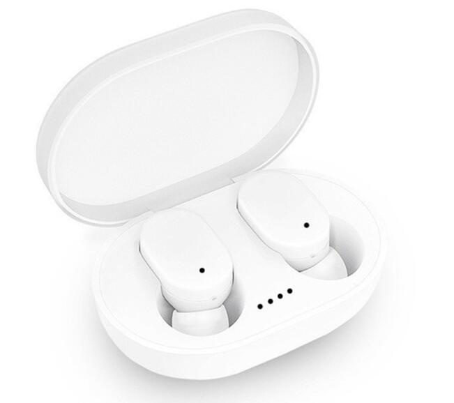 White A6S wireless in-ear headphones in an open matching charging case with LED indicator lights.