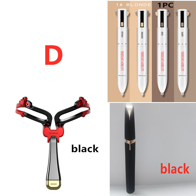 Eyebrow shaping set with a foldable black/red stencil tool and multi-function brow contouring pens.
