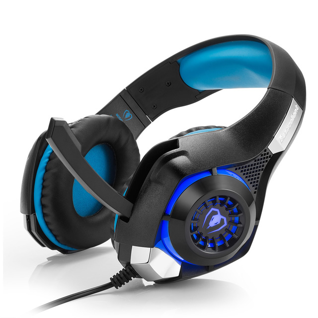 Digitaldistribution375 wired gaming headset in black and blue with cushioned ear cups, microphone, and glowing LED vents.