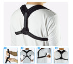 Black fabric medical posture corrector strap worn over a white shirt, showing adjustment features in four steps.