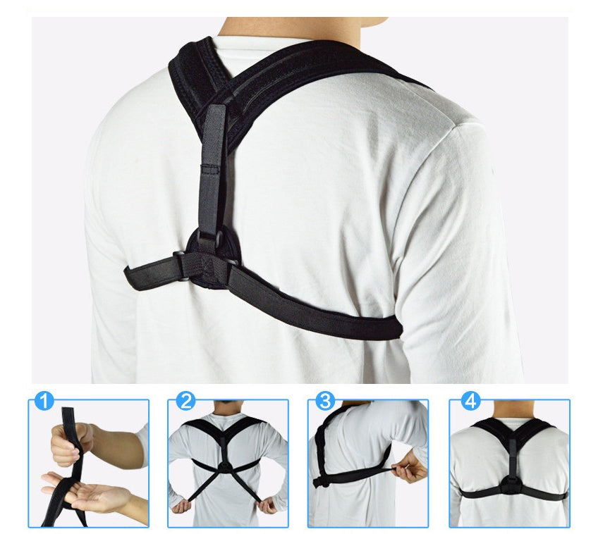 Black fabric medical posture corrector strap worn over a white shirt, showing adjustment features in four steps.