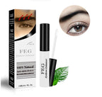 FEG eyebrow enhancer serum in white and black tube with applicator brush, shown with product packaging and an eye detail.