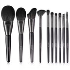 A set of 10 BEILI makeup brushes with black wooden handles, metallic gray ferrules, and soft black bristles.