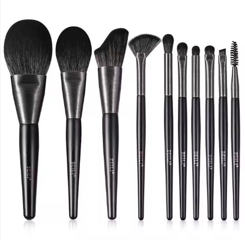 A set of 10 BEILI makeup brushes with black wooden handles, metallic gray ferrules, and soft black bristles.
