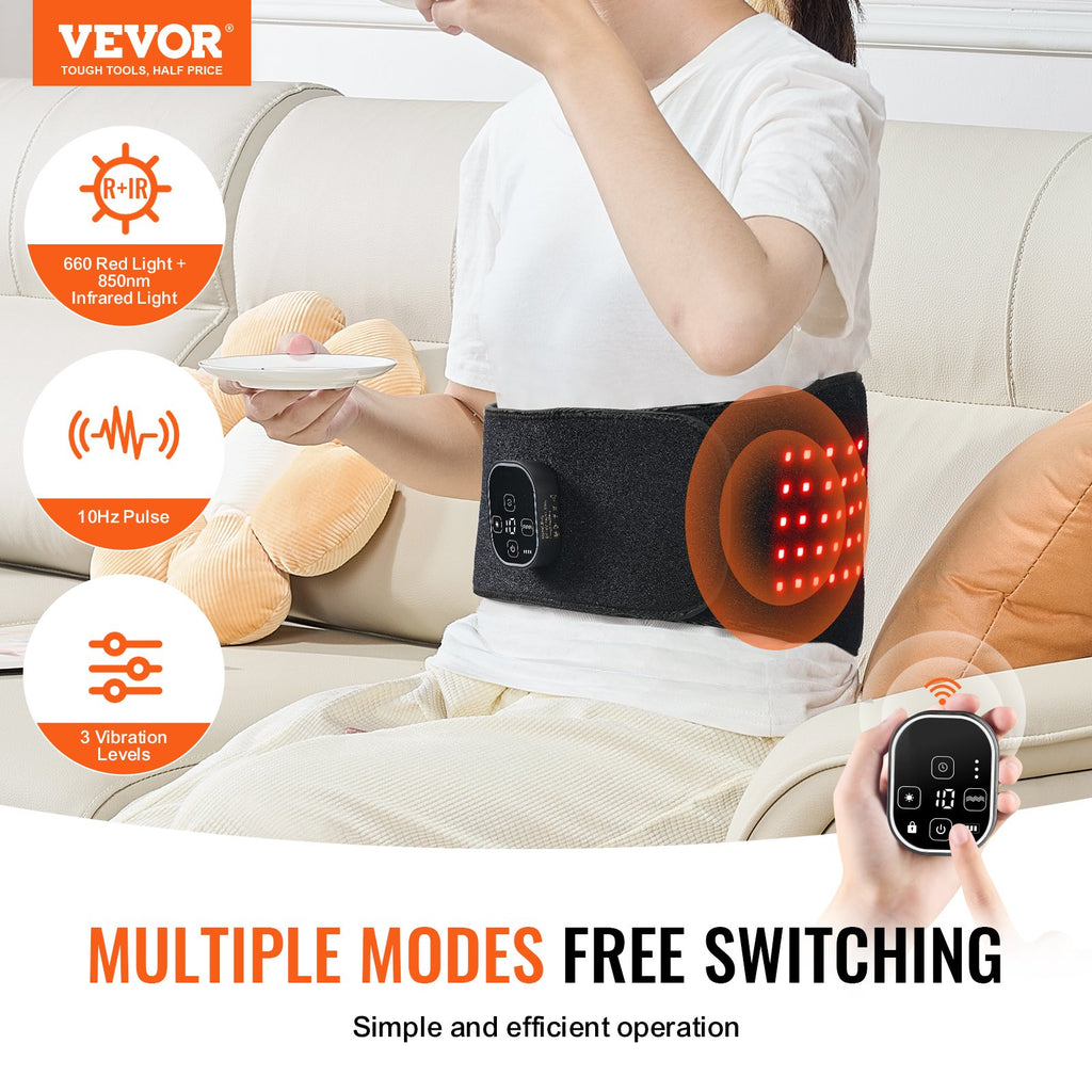 Black VEVOR red light therapy belt worn around waist with 660/850nm LED lights and handheld digital controller.