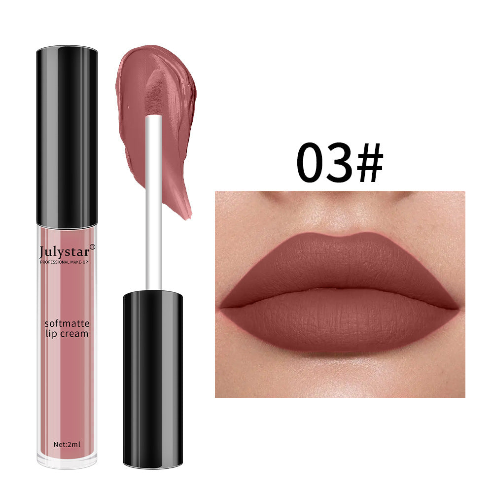 Julystar matte lip cream in shade 03: a muted dusty rose color shown in tube, wand swatch, and applied on lips.