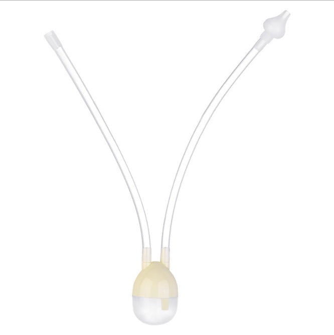 Clear, manual baby nasal aspirator with two transparent tubes attached to a small, round, cream-colored base.