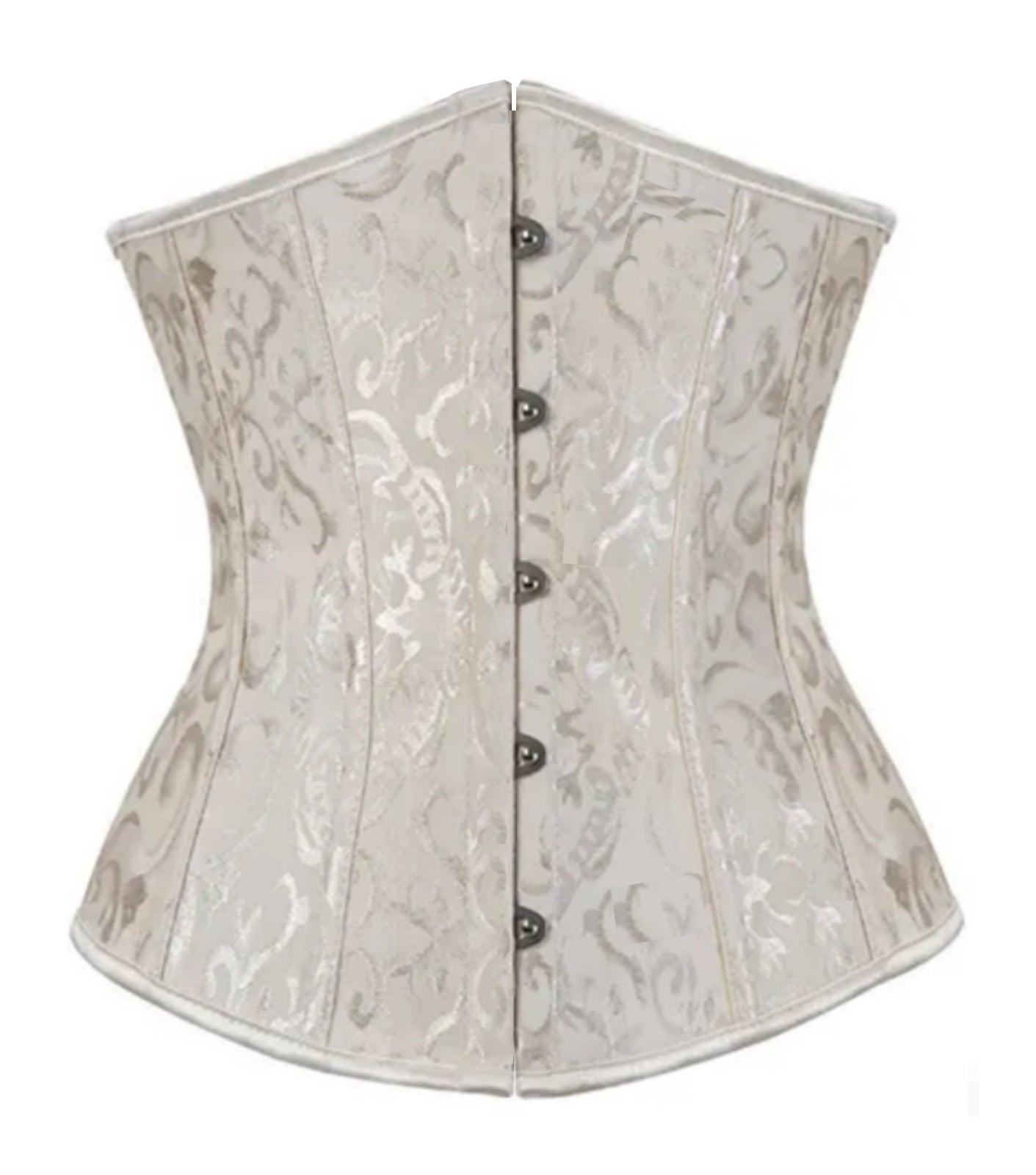 Cream-colored jacquard corset with floral patterns, front metal clasps, and a structured, cinched-waist silhouette.