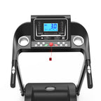 Black foldable treadmill console with LCD screen, speed controls, dual cup holders, and red safety stop clip.
