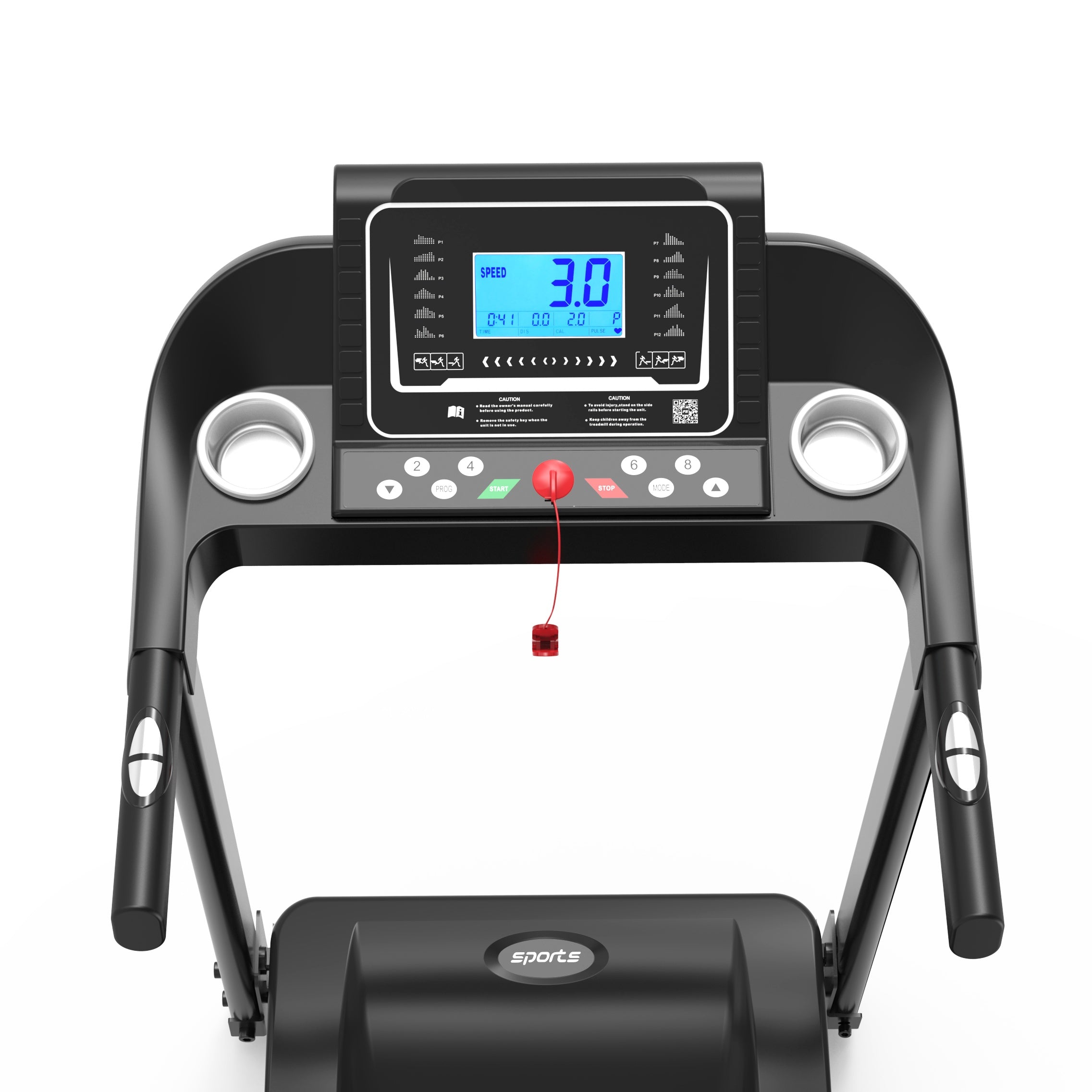 Black foldable treadmill console with LCD screen, speed controls, dual cup holders, and red safety stop clip.