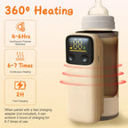 Beige portable bottle warmer with digital display, heating indicators, and baby bottle, highlighting 360-degree heating.