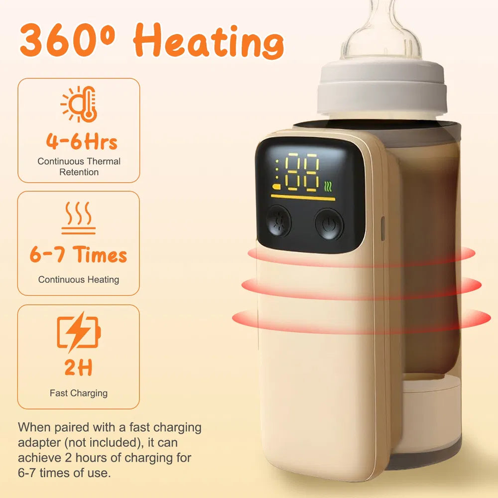 Beige portable bottle warmer with digital display, heating indicators, and baby bottle, highlighting 360-degree heating.