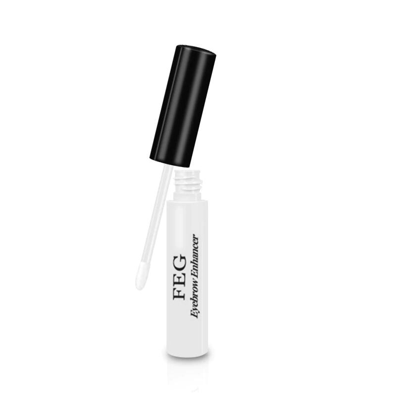 FEG eyebrow growth serum in a white bottle with black cap and applicator brush isolated on a white background.