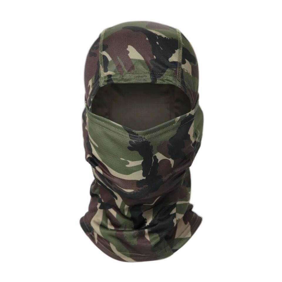 Tactical full-face balaclava in green, brown, and black camo print, made of lightweight, breathable synthetic fabric.