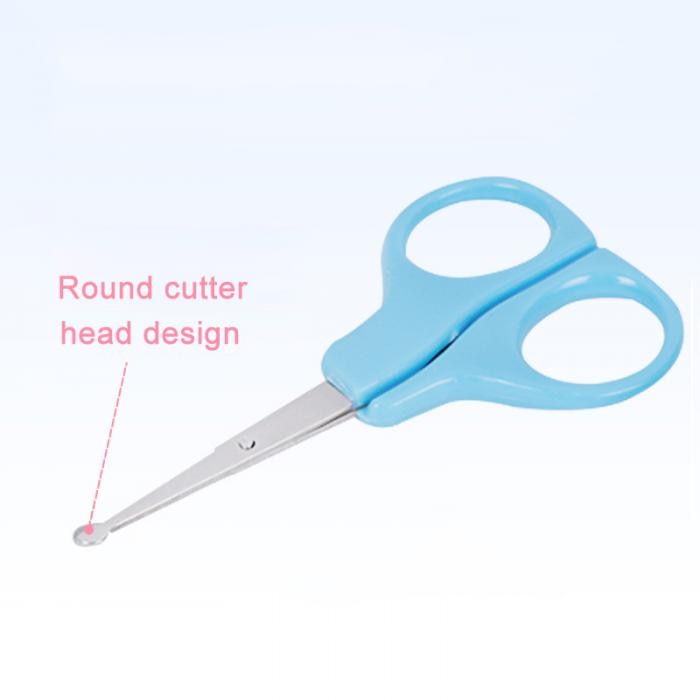 Light blue baby safety scissors with metallic blades and a rounded, safe tip design on a white background.