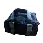 Black nylon gym bag featuring two gray buckle straps, dual carrying handles, and a top zipper closure.