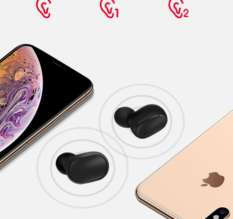Matte black A6S wireless earbuds centered between a smartphone with a colorful screen and a gold iPhone.