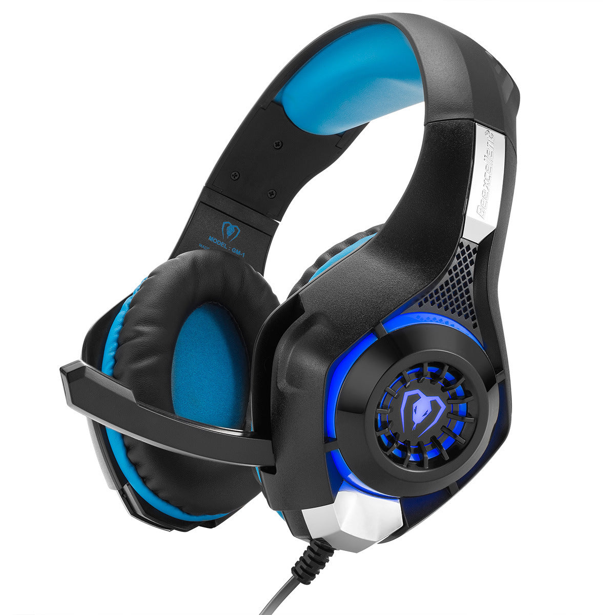 Black and blue gaming headset with cushioned ear pads, adjustable headband, built-in mic, and LED circular side lights.