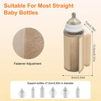 Beige portable baby bottle warmer with adjustable fastener, showing dimensions and compatibility for straight bottles.