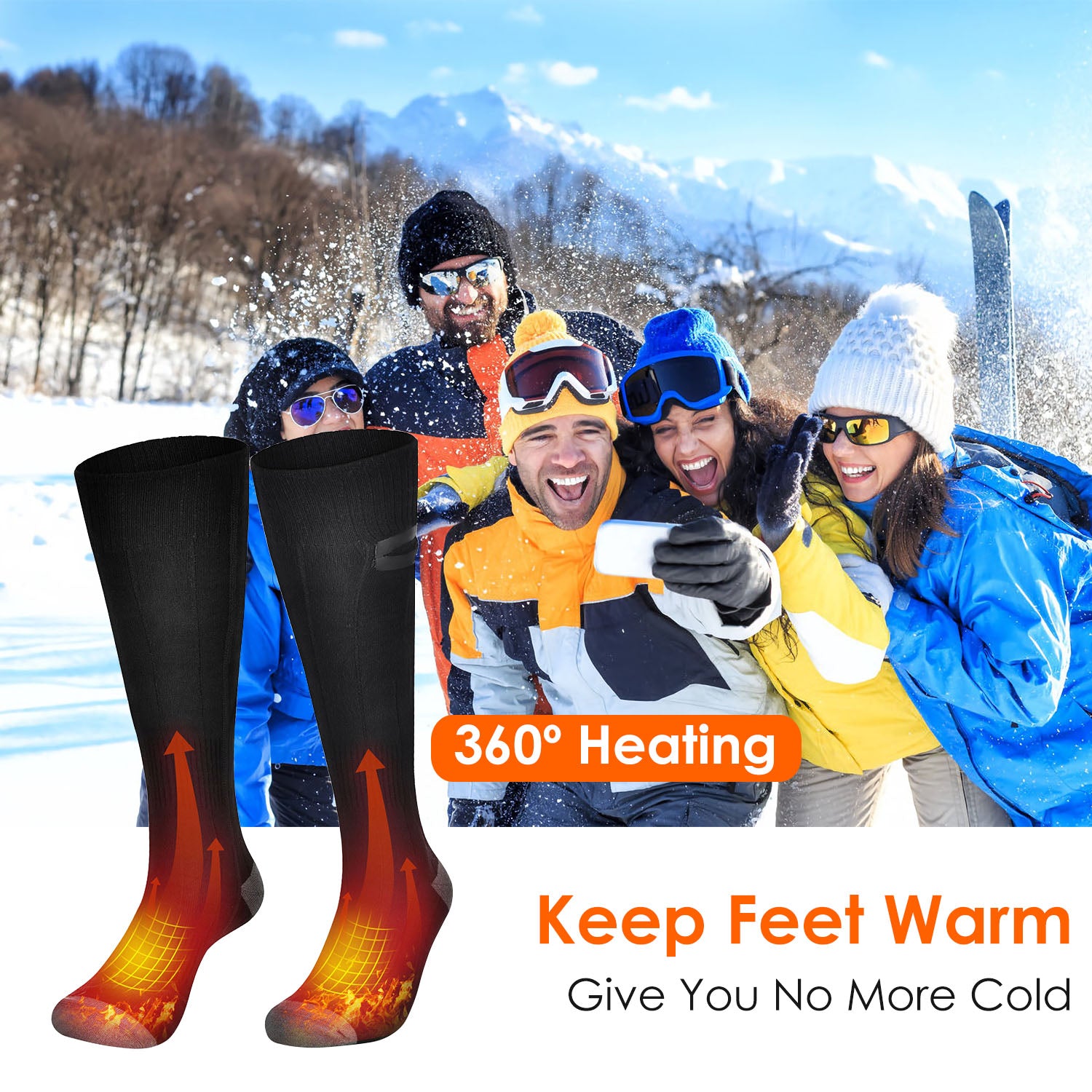 Black heated socks with 360-degree warming graphic against a background of people in winter gear enjoying the snow.