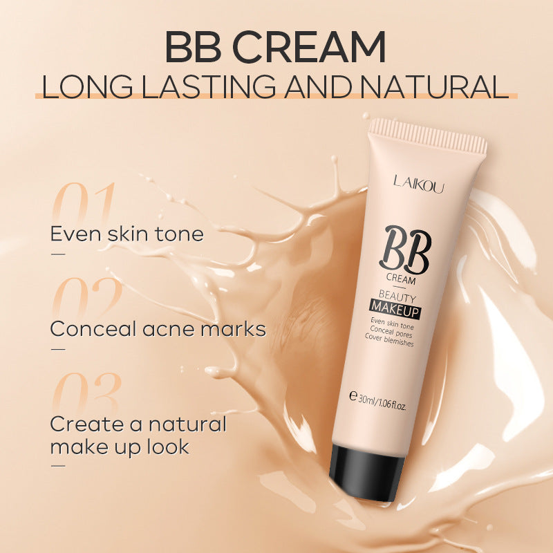 LAIKOU 30ml BB cream tube in a beige splash, highlighting skin tone correction, blemish coverage, and natural finish.