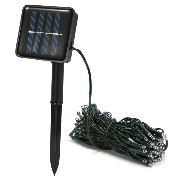 12m solar LED fairy lights with a black ground stake, solar panel, and dark green wire, isolated on white background.