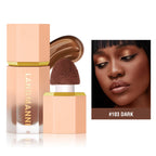 Langmanni liquid contour in #103 Dark with applicator, ombre bottle, and model wearing the product.